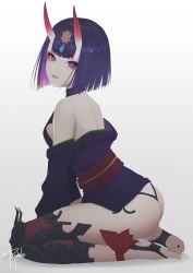 Rule 34 | 1girl, ass, black panties, blunt bangs, breasts, closed mouth, clothes down, fate/grand order, fate (series), from side, full body, highres, horns, japanese clothes, kimono, looking at viewer, panties, purple eyes, purple hair, purple kimono, red leg warmers, ryumikooo, short hair, short kimono, shuten douji (fate), sideboob, signature, small breasts, solo, underwear, white background