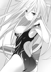 Rule 34 | 10s, 1girl, ass, back, breasts, clothes pull, competition swimsuit, date a live, ellen mira mathers, greyscale, highres, large breasts, long hair, monochrome, novel illustration, official art, one-piece swimsuit, one-piece swimsuit pull, swimsuit, tsunako