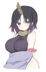 Rule 34 | 1girl, artist request, bare shoulders, black hair, blue eyes, breasts, closed mouth, cowboy shot, dragon girl, elma (maidragon), female focus, highres, horns, kobayashi-san chi no maidragon, large breasts, looking at viewer, short hair, simple background, solo, standing, white background