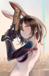 Rule 34 | 1girl, animal ear fluff, animal ears, aonaga heri, armpit crease, breasts, brown hair, cityscape, closed mouth, from side, gun, hair between eyes, half-closed eyes, handgun, holding, holding gun, holding weapon, hololive, looking at viewer, mechanical arms, medium breasts, pistol, rabbit ears, roboco-san, short hair, single mechanical arm, smile, solo, upper body, virtual youtuber, weapon, yellow eyes
