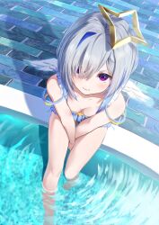 Rule 34 | 1girl, amane kanata, angel wings, bare arms, bare legs, bare shoulders, barefoot, between legs, bikini, blue bikini, blue hair, breasts, cleavage, closed mouth, commentary request, feathered wings, foot out of frame, frilled bikini, frills, from above, gradient eyes, grey hair, hair over one eye, halo, hand between legs, highres, hololive, kishiro (mameyamu matu), multicolored eyes, multicolored hair, pink eyes, pool, poolside, pout, purple eyes, short hair, sitting, small breasts, soaking feet, solo, star halo, streaked hair, swimsuit, thighs, toes, v-shaped eyebrows, virtual youtuber, water, white wings, wings