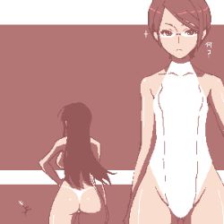 Rule 34 | 2girls, ass, brown theme, glasses, hip focus, lowres, monochrome, multiple girls, oekaki, one-piece swimsuit, panties, swimsuit, thong, underwear, wide hips