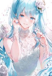 Rule 34 | 1girl, 2sham, apron, bare shoulders, blue eyes, blue hair, blue nails, blush, bubble, commentary, dress, earrings, english commentary, flower, hair between eyes, hair flower, hair ornament, hands up, hatsune miku, highres, holding, jewelry, long hair, looking at viewer, nail polish, playing with own hair, rose, sleeveless, sleeveless dress, solo, twintails, upper body, vocaloid, white dress, white flower, white rose