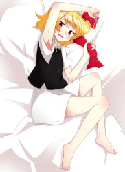 Rule 34 | 1girl, armpits, bare legs, barefoot, bed sheet, blonde hair, blouse, blush, bow, fang, feet, from above, full body, hair bow, highres, kameyan, looking at viewer, lying, on side, open mouth, red eyes, rumia, shirt, short hair, solo, sweat, touhou, vest