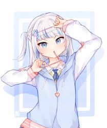 Rule 34 | 1girl, blue eyes, blue hair, blue necktie, blunt bangs, food, food in mouth, gawr gura, gawr gura (school uniform), grey hair, hair ornament, highres, hololive, hololive english, jacket, long sleeves, looking at viewer, ma draws, medium hair, mouth hold, multicolored hair, necktie, official alternate costume, one side up, pocky, pocky in mouth, sidelocks, solo, streaked hair, virtual youtuber