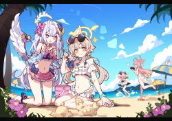 Rule 34 | &lt;|&gt; &lt;|&gt;, 4girls, ahoge, angel wings, azusa (blue archive), azusa (swimsuit) (blue archive), bare arms, bare legs, bare shoulders, beach, bikini, black bikini, black wings, blue archive, bucket, closed eyes, closed mouth, commentary, day, eyewear on head, feathered wings, flower, frilled bikini, frills, hair between eyes, halo, hanako (blue archive), hanako (swimsuit) (blue archive), head wings, hifumi (blue archive), hifumi (swimsuit) (blue archive), highres, ideolo, koharu (blue archive), koharu (swimsuit) (blue archive), light brown hair, long hair, low twintails, multiple girls, navel, ocean, official alternate costume, open mouth, outdoors, parasol, peroro (blue archive), pink bikini, pink eyes, pink flower, pink hair, pink halo, red halo, round eyewear, smile, sunglasses, swimsuit, symbol-only commentary, tree, twintails, umbrella, white bikini, white hair, white wings, wings, yellow eyes, yellow halo