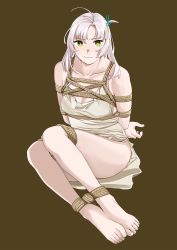 Rule 34 | 1girl, absurdres, ahoge, alternate costume, arms behind back, barefoot, bdsm, beige dress, bondage, bound, breasts, brown background, cleavage, closed mouth, dress, feet, green eyes, grey hair, highres, kantai collection, kinugasa (kancolle), kinugasa kai ni (kancolle), long hair, medium breasts, ojipon, rope, simple background, sitting, solo, torn clothes, torn dress