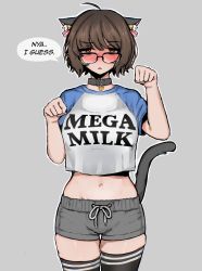 Rule 34 | 1girl, ahoge, aki (snale), animal ears, bags under eyes, blush, breasts, brown eyes, brown hair, cat ears, cat tail, choker, collar, commentary, crop top, english commentary, english text, glasses, grey background, highres, medium breasts, mega milk, meme, meme attire, midriff, nose blush, original, outline, raglan sleeves, short hair, short shorts, shorts, snale, solo, speech bubble, stomach, tail, thighhighs, white outline