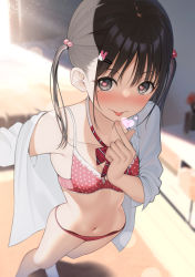 Rule 34 | 1girl, :p, bare legs, black hair, blurry, blurry background, blush, bow, bowtie, bra, breasts, closed mouth, collarbone, day, depth of field, foreshortening, from above, hair bobbles, hair ornament, hairclip, heart, heart-shaped pupils, indoors, long hair, long sleeves, looking at viewer, looking up, mole, mole under eye, mottsun (i 40y), navel, nose blush, open clothes, open shirt, original, panties, polka dot, polka dot bra, polka dot panties, red bow, red bowtie, red bra, shirt, small breasts, smile, solo, standing, stomach, striped bow, striped bowtie, striped clothes, striped neckwear, sunlight, symbol-shaped pupils, tongue, tongue out, twintails, underwear, white shirt