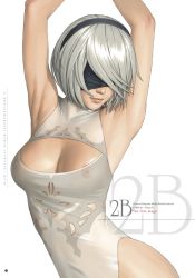 Rule 34 | 1girl, armpits, arms up, bare arms, black blindfold, black hairband, blindfold, breasts, character name, cleavage, cleavage cutout, closed mouth, clothing cutout, commentary request, covered erect nipples, hairband, leotard, medium breasts, mole, mole under mouth, nier (series), nier:automata, nipples, no bra, realistic, see-through, short hair, simple background, solo, watanabe yasuaki, white background, white hair, white leotard, 2b (nier:automata)