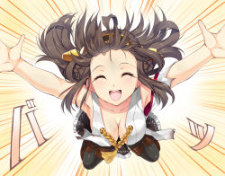 Rule 34 | 10s, 1girl, :d, ^ ^, ahoge, bare shoulders, breasts, brown hair, cleavage, double bun, downblouse, closed eyes, glomp, hair ornament, hairband, headgear, hug, incoming hug, japanese clothes, kantai collection, kongou (kancolle), long hair, looking at viewer, medium breasts, open mouth, personification, pov, sleeveless, smile, solo, yappen, yatsu (sasuraino)