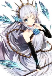 Rule 34 | 10s, 1girl, bare shoulders, blue eyes, granblue fantasy, highres, lily (granblue fantasy), long hair, looking at viewer, one eye closed, pointy ears, silver hair, smile, solo, watao