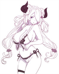 Rule 34 | 1girl, bikini, blush, braid, breasts, cleavage, draph, granblue fantasy, hair ornament, hair over one eye, horns, houtengeki, large breasts, long hair, looking at viewer, low tied hair, monochrome, narmaya (granblue fantasy), narmaya (summer) (granblue fantasy), navel, pointy ears, purple eyes, side-tie bikini bottom, simple background, solo, spot color, standing, swimsuit, thigh strap, twin braids, very long hair, white background, white bikini