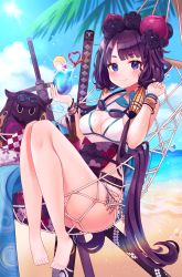 Rule 34 | 1girl, ass, bare legs, bare shoulders, barefoot, beach, bead bracelet, beads, bikini, blue eyes, blue sky, blush, bracelet, breasts, cherry, cleavage, closed mouth, cloud, cup, day, drinking glass, drinking straw, fate/grand order, fate (series), floral print, food, fruit, glint, goggles, goggles around neck, hair ornament, hammock, hands up, highres, holding, holding cup, horizon, hurricane glass, jewelry, katana, katsushika hokusai (fate), katsushika hokusai (swimsuit saber) (fate), knees up, lemon, lemon slice, lens flare, long hair, looking at viewer, low twintails, medium breasts, ocean, octopus, outdoors, purple hair, reel (riru), sky, smile, solo, sun, sunlight, sweat, swimsuit, sword, tokitarou (fate), tropical drink, twintails, very long hair, water, weapon, wet, white bikini