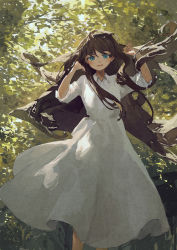 Rule 34 | 1girl, blue eyes, brown hair, commentary request, day, dress, feet out of frame, green theme, hands up, highres, long dress, long hair, looking at viewer, original, outdoors, parted lips, potg (piotegu), sleeves rolled up, solo, tree, very long hair, white dress