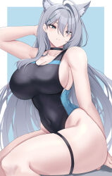 Rule 34 | 1girl, absurdres, ahoge, animal ear fluff, animal ears, arm up, bare arms, black one-piece swimsuit, blue archive, blue background, blue eyes, border, breasts, choker, competition swimsuit, covered mouth, covered navel, cross hair ornament, earrings, extra ears, grey hair, hair intakes, hair ornament, highleg, highleg swimsuit, highres, jewelry, kanta (kanta 077), large breasts, long hair, looking at viewer, mismatched pupils, multicolored clothes, multicolored swimsuit, official alternate costume, one-piece swimsuit, parted lips, shiroko (blue archive), shiroko (swimsuit) (blue archive), shiroko terror (blue archive), sideboob, single earring, sitting, solo, swimsuit, thick thighs, thigh strap, thighs, very long hair, white border, wolf ears