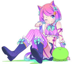 Rule 34 | 1girl, animal ears, blue eyes, blue footwear, blush, boots, cat ears, cat tail, closed mouth, frills, garter straps, hand up, kanzaki hiro, knees up, looking at viewer, midriff, navel, one eye closed, original, paw pose, purple hair, purple thighhighs, shirt, short hair, sitting, sleeveless, sleeveless shirt, smile, solo, striped clothes, striped thighhighs, stuffed animal, stuffed octopus, stuffed toy, suspenders, swept bangs, tail, tareme, thighhighs, thighs, vertical-striped clothes, vertical-striped thighhighs, wrist cuffs