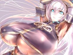 Rule 34 | 1girl, blue eyes, breasts, dodai shouji, gigantic breasts, highres, long hair, megurine luka, pink hair, simple background, solo, vocaloid