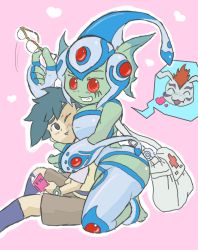Rule 34 | 10s, alternate universe, breasts, clothing cutout, digimon, digimon adventure, digimon frontier, gomamon, grabbing, grabbing from behind, helmet, kido jo, monster girl, navel cutout, one-piece swimsuit, ranamon, red eyes, swimsuit