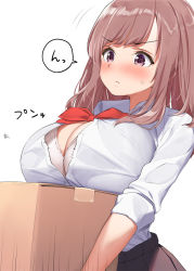 Rule 34 | &gt;:(, 1girl, black skirt, bow, bowtie, box, bra, breast rest, breasts, brown hair, cardboard box, carried breast rest, carrying, cleavage, collared shirt, dress shirt, flying button, grey bra, kaisen chuui, large breasts, long hair, motion lines, original, popped button, purple eyes, red bow, red bowtie, school uniform, shirt, sidelocks, simple background, skirt, sleeves rolled up, solo, speech bubble, sweat, translation request, underwear, white background, wing collar