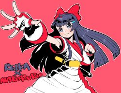 Rule 34 | 1girl, ainu clothes, arm up, armpits, artist name, black hair, blue eyes, breasts, clenched hand, hair ribbon, long hair, looking at viewer, nakoruru, outstretched arm, ribbon, samurai spirits, small breasts, smile, snk, solo, the king of fighters, weapon