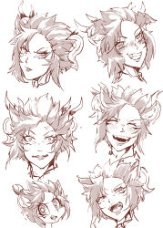 Rule 34 | 1girl, absurdres, anger vein, comic hand, constricted pupils, duel monster, expressions, highres, horns, laughing, monochrome, one eye closed, open mouth, pout, short hair, sketch, smile, squinting, teeth, yu-gi-oh!, zoodiac drident