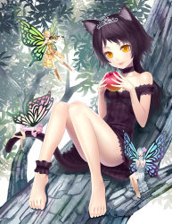 Rule 34 | 4girls, animal ears, ankle garter, apple, bare shoulders, barefoot, black hair, butterfly wings, cat ears, cat tail, choker, fairy, feet, food, fruit, holding, holding food, holding fruit, hug, hugging another&#039;s tail, hugging tail, in tree, insect wings, instrument, k+, long hair, md5 mismatch, mini person, minigirl, multiple girls, orange eyes, original, sitting, sitting in tree, size difference, smile, strap, strap slip, tail, tree, violin, wings