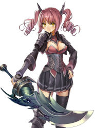 Rule 34 | 1girl, armor, armored dress, black thighhighs, breasts, character request, cleavage, dragon maker, drill hair, gaou (umaiyo puyoman), hand on own hip, hip focus, looking at viewer, pleated skirt, red hair, simple background, skirt, smile, solo, sword, thighhighs, twintails, weapon, white background, yellow eyes