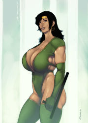 Rule 34 | 1girl, black hair, black orchid, breasts, cowboy shot, earrings, elbow gloves, gloves, green gloves, green leotard, highres, huge breasts, jewelry, large breasts, leotard, no bra, parted lips, rennes, solo, standing, thong leotard, tonfa, weapon