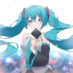 Rule 34 | 1girl, bare shoulders, black skirt, black sleeves, blue eyes, blue hair, blue necktie, blurry, blurry background, collared shirt, commentary, depth of field, detached sleeves, eyebrows hidden by hair, fhang, floating hair, grey shirt, hair between eyes, hand up, hatsune miku, holding, long hair, long sleeves, looking at viewer, necktie, shirt, skirt, sleeveless, sleeveless shirt, smile, solo, symbol-only commentary, tie clip, twintails, very long hair, vocaloid, white background, wide sleeves