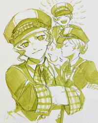 Rule 34 | 1girl, absurdres, ace attorney, cabbie hat, closed eyes, closed mouth, collared shirt, crossed arms, gina lestrade, hat, highres, jacket, monochrome, multiple views, necktie, open mouth, sasatake (sasatakebe), shirt, short hair, smile, the great ace attorney, traditional media, upper body