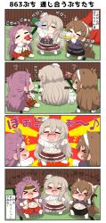 Rule 34 | +++, 10s, 4koma, ?, alcohol, animal ears, arm up, arms up, ashigara (kancolle), beer, beer mug, blonde hair, blush, bottle, bow, brown hair, clothes lift, cola, comic, commentary request, cup, drawing, drinking, drunk, expressive hair, closed eyes, fang, gloves, hairband, headband, highres, holding, holding bottle, jacket, jun&#039;you (kancolle), kantai collection, long hair, marker, mug, musical note, open clothes, open jacket, open mouth, pola (kancolle), puchimasu!, purple hair, quaver, shirt lift, skirt, smile, spiked hair, tail, tatami, translation request, triangle mouth, undressing, wolf ears, wolf tail, yuureidoushi (yuurei6214)