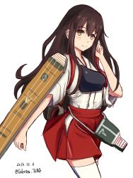 Rule 34 | 10s, 1girl, akagi (kancolle), archer (fate), blush, brown hair, fate (series), female focus, highres, japanese clothes, kantai collection, long hair, miko, personification, red eyes, solo, standing, white background