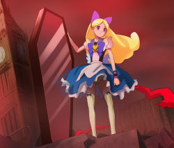 Rule 34 | 10s, 1girl, blonde hair, blue skirt, bow, brooch, cure continental, hair bow, happinesscharge precure!, haruyama kazunori, heart, heart brooch, jewelry, london, long hair, magical girl, mirror, panties, pantyshot, precure, purple eyes, red sky, skirt, sky, solo, thighhighs, underwear, white thighhighs