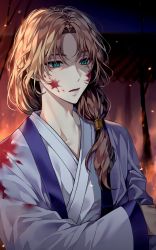 Rule 34 | 1boy, akatsuki no yona, bad id, bad twitter id, blood, blood on clothes, blood on face, brown hair, fire, green eyes, ha youn, haori, highres, japanese clothes, kimono, long hair, long sleeves, looking away, low ponytail, male focus, open clothes, open mouth, parted bangs, solo, soo-won (akatsuki no yona), upper body, white kimono