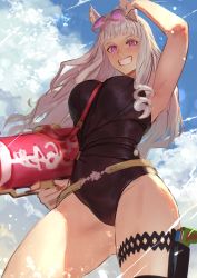 Rule 34 | 1girl, absurdres, animal ears, arm up, armpits, black one-piece swimsuit, breasts, from below, gold ship (run revolt launcher) (umamusume), gold ship (umamusume), highres, holding, holding water gun, holding weapon, horse ears, long hair, looking at viewer, one-piece swimsuit, peperon (peperou), purple eyes, smile, solo, sunglasses, swimsuit, umamusume, very long hair, water gun, weapon