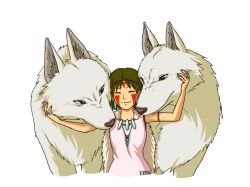 Rule 34 | 1girl, animal, artist name, bare arms, bare shoulders, breasts, brown hair, closed mouth, cropped legs, cropped torso, earrings, closed eyes, facepaint, facial mark, facing viewer, fur, happy, headband, jewelry, krrn, mononoke hime, moro (mononoke hime), moro no kimi, necklace, san (mononoke hime), short hair, simple background, smile, tooth necklace, white background, white wolf, wolf