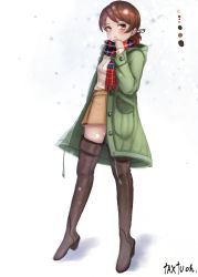Rule 34 | 10s, 1girl, adjusting scarf, artist name, black footwear, black ribbon, boots, brown eyes, brown hair, brown skirt, casual, closed mouth, coat, color guide, fringe trim, frown, girls und panzer, green coat, hair ribbon, high heel boots, high heels, highres, hood, hooded coat, kawanishi shinobu, long hair, miniskirt, open clothes, open coat, plaid, plaid scarf, red scarf, ribbed sweater, ribbon, scarf, short hair, short ponytail, signature, skirt, snow, solo, sweater, swept bangs, tacch, thigh boots, thighhighs, white sweater, winter clothes