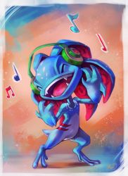 Rule 34 | 1boy, ^ ^, absurdres, artist name, blue hair, blue skin, border, closed eyes, colored skin, dancing, closed eyes, fangs, fish boy, fizz (league of legends), full body, hands up, happy, headphones, highres, koriarredondo, league of legends, long hair, male focus, multicolored skin, musical note, open mouth, orange background, signature, simple background, smile, solo, standing, suction cups, tail, teeth, tentacle hair, two-tone skin, white border, white skin, yordle
