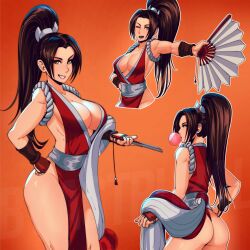 Rule 34 | 1girl, ass, astrubalart, bare shoulders, breasts, brown hair, chewing gum, cleavage, fatal fury, female focus, hand fan, highres, large breasts, long hair, looking at viewer, multiple views, ninja, one eye closed, pelvic curtain, ponytail, shiranui mai, sideboob, sleeveless, smile, the king of fighters, thong, wink