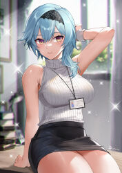 Rule 34 | 1girl, arm up, bare legs, bare shoulders, black hairband, black skirt, blue hair, breasts, eula (genshin impact), genshin impact, hairband, highres, id card, lanyard, large breasts, linreplica, looking at viewer, miniskirt, parted lips, pencil skirt, sitting, skirt, sleeveless, solo, sweater, thighs, turtleneck, yellow eyes