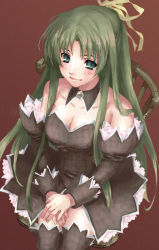 Rule 34 | 00s, 1girl, angel mort, blush, breasts, chair, choker, cleavage, detached sleeves, frilled sleeves, frills, from above, green eyes, green hair, hair ribbon, half updo, higurashi no naku koro ni, long hair, long sleeves, matching hair/eyes, medium breasts, own hands together, red background, ribbon, simple background, sitting, smile, solo, sonozaki shion, thighhighs, waitress, zettai ryouiki