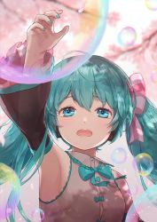 Rule 34 | 1girl, aqua bow, aqua bowtie, aqua eyes, aqua hair, armpits, ashika (yftcc948), bare shoulders, blurry, blurry background, blush, bow, bowtie, breasts, bubble, collared shirt, detached sleeves, frilled sleeves, frills, hair between eyes, hair bow, hair ornament, hatsune miku, highres, long hair, looking at another, necktie, open mouth, outstretched arm, parted bangs, see-through, see-through sleeves, shirt, sleeveless, sleeveless shirt, small breasts, solo, teeth, twintails, upper body, vocaloid