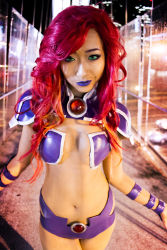 Rule 34 | 1girl, breasts, cleavage, cosplay, dc comics, green eyes, hip vent, long hair, photo (medium), red hair, solo, starfire