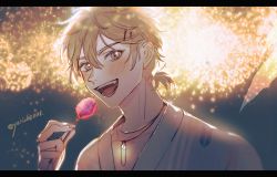 Rule 34 | 1boy, blush, brown eyes, brown hair, eiden (nu carnival), fireworks, gem, hair ornament, hairclip, highres, holding, japanese clothes, kimono, looking at viewer, male focus, nu carnival, short hair, smile, solo, yurichen111