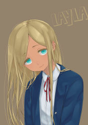 Rule 34 | 1girl, blonde hair, blue eyes, blue jacket, character name, closed mouth, collared shirt, dark-skinned female, dark skin, head tilt, highres, idolmaster, idolmaster cinderella girls, jacket, layla (idolmaster), long hair, looking at viewer, man (man-room), neck ribbon, open clothes, open jacket, red ribbon, ribbon, school swimsuit, shirt, simple background, smile, solo, swimsuit, tareme, upper body, white shirt, wing collar, yellow background