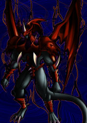 Rule 34 | 1boy, archfiend of gilfer, artist request, claws, colored skin, dark background, demon, demon wings, duel monster, grey skin, head wings, horns, male focus, no pupils, single horn, spikes, wings, yu-gi-oh!, yu-gi-oh! duel monsters