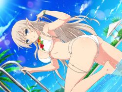 Rule 34 | 1girl, alleyne (queen&#039;s blade), ass, bikini, blonde hair, blue eyes, blue sky, breasts, cleavage, crossover, day, in water, knee up, large breasts, long hair, looking at viewer, official art, open mouth, outdoors, palm tree, pointy ears, pool, queen&#039;s blade, senran kagura, senran kagura new link, sky, solo, standing, swimsuit, tree, water, white bikini