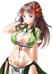 Rule 34 | 10s, 1girl, amagi (kancolle), arm behind back, bare shoulders, breasts, brown eyes, brown hair, cleavage cutout, clothing cutout, colored eyelashes, female focus, flower, groin, hair between eyes, hair flower, hair ornament, kantai collection, kasugano tobari, large breasts, long hair, looking at viewer, midriff, miniskirt, mole, mole under eye, navel, pelvic curtain, ponytail, skirt, smile, solo