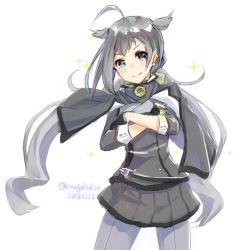 Rule 34 | 1girl, ahoge, black gloves, capelet, collar, commentary request, cosplay, crossed arms, dated, fingerless gloves, gloves, grey eyes, grey hair, grey pantyhose, grey skirt, hair flaps, kangoku kou, kantai collection, kikumon, kiyoshimo (kancolle), long hair, low twintails, musashi (kancolle), musashi (kancolle) (cosplay), musashi kai ni (kancolle), pantyhose, pleated skirt, simple background, skirt, solo, sparkle, twintails, twitter username, very long hair, white background
